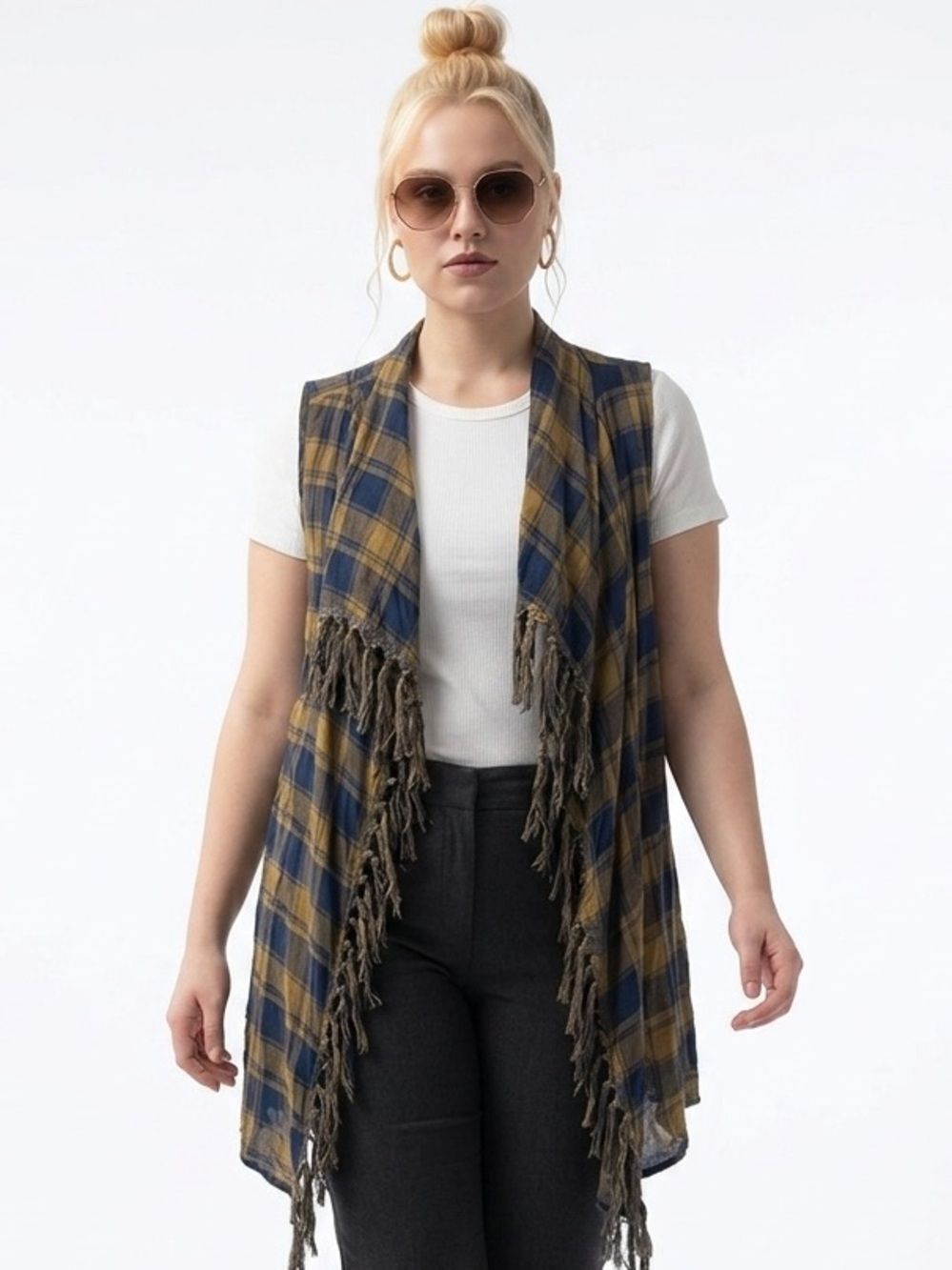 UMGEE | NEW Plaid Open Front Fringe Vest Blue & Yellow Women’s Size Large